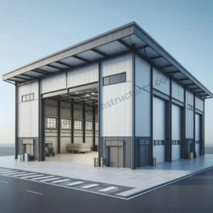 Industrial storage shed with robust metal siding and a sloped roof, designed for efficient storage in a commercial setting.