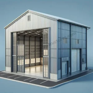 High-quality industrial shed with corrugated metal siding and a sloped roof in a clear outdoor setting.